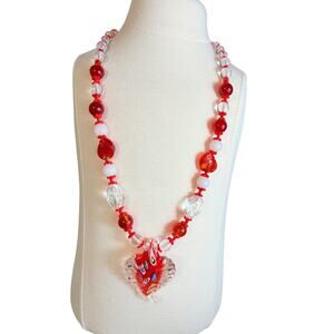 Red Cut Glass Beads Necklace with Pendant Art Deco Made in Germany